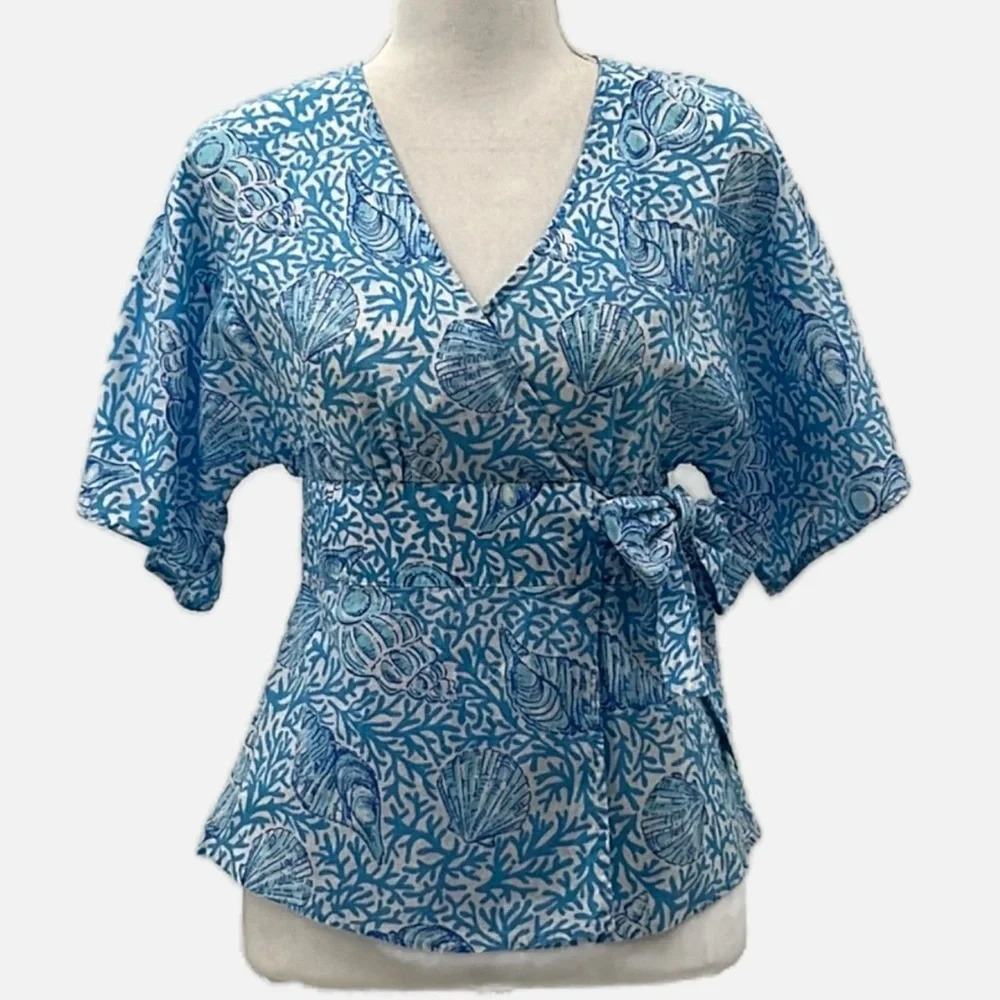Lilly Pulitzer White Label Kimono Style Seashell Print Cotton Wrap Top - Size XS